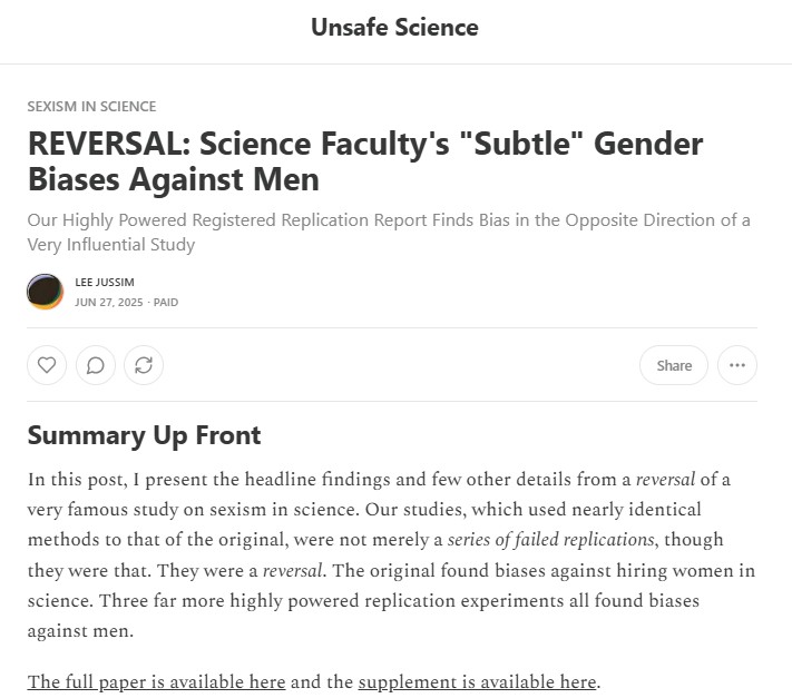 New post on our three experiment reversal of the massively cited and massively influential Moss-Racusin et al (2012) PNAS paper.  With N=127, they found biases against women in science hiring.
Link in reply.

We used their methods nearly exactly, and with N&gt;=1100, we found biases
