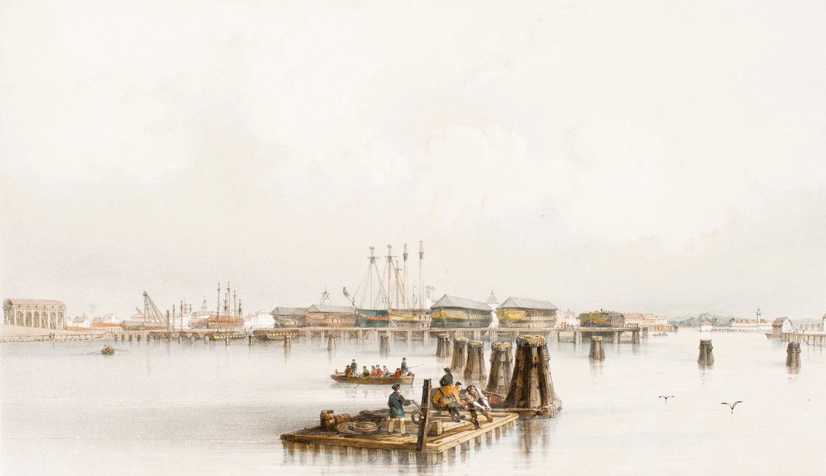 Auguste Étienne François Mayer,  1805 – 1890,  French painter;  The naval shipyard in Karlskrona in the 1830s