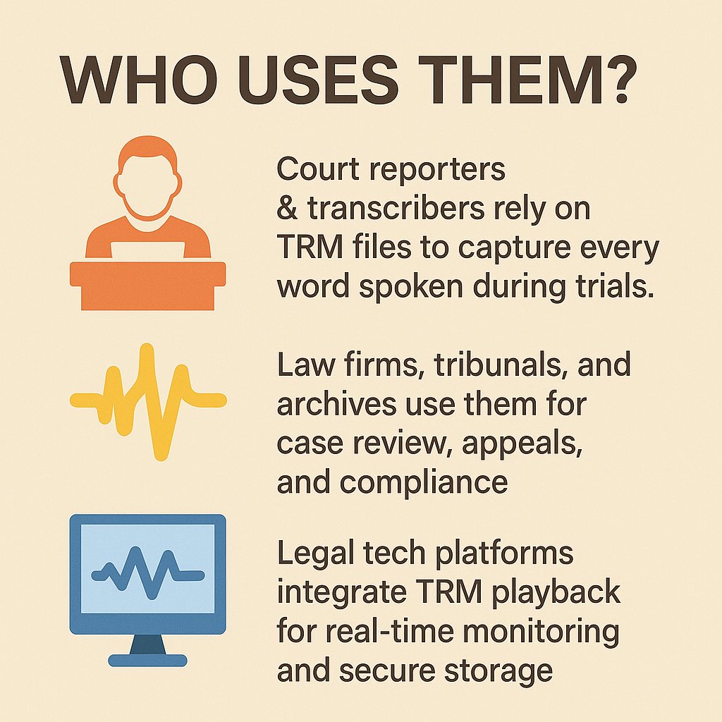 SpeechTextAI's tweet image. 🎙️ What are TRM files?
TRM files are proprietary audio data containers used by the legal industry to record court proceedings, depositions, and hearings. They store high-quality audio in small "chunks" and often include timestamps and metadata for accurate transcript alignment.