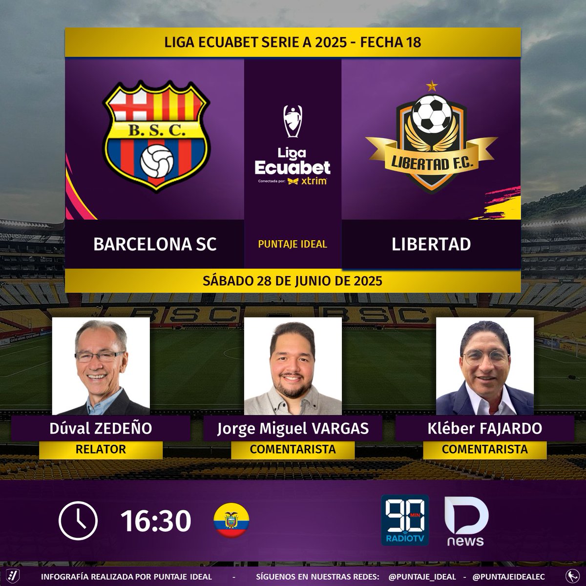 Puntaje Ideal EC (@puntajeidealec) on Twitter photo ⚽ #LigaEcuabet 🇪🇨 | #BarcelonaSC vs. #Libertad
🎙 Relator: <a href="/zedenoduval/">Duval Zedeño B</a>
🎙 Comentaristas: <a href="/chapovargasj/">Jorge Miguel Vargas</a> - <a href="/FajardoBarzola/">Kleber Fajardo Barzola</a>
💻📱 <a href="/DNewsSportsEc/">D_News Sports</a> 🔉🎧 (Formato Radio)
YT: youtube.com/c/DIGITALNEWSC…
🤳 #LigaProEnDNews
Dale RT 🔃 ⚽ #LigaEcuabet 🇪🇨 | #BarcelonaSC vs. #Libertad
🎙 Relator: <a href="/zedenoduval/">Duval Zedeño B</a>
🎙 Comentaristas: <a href="/chapovargasj/">Jorge Miguel Vargas</a> - <a href="/FajardoBarzola/">Kleber Fajardo Barzola</a>
💻📱 <a href="/DNewsSportsEc/">D_News Sports</a> 🔉🎧 (Formato Radio)
YT: youtube.com/c/DIGITALNEWSC…
🤳 #LigaProEnDNews
Dale RT 🔃