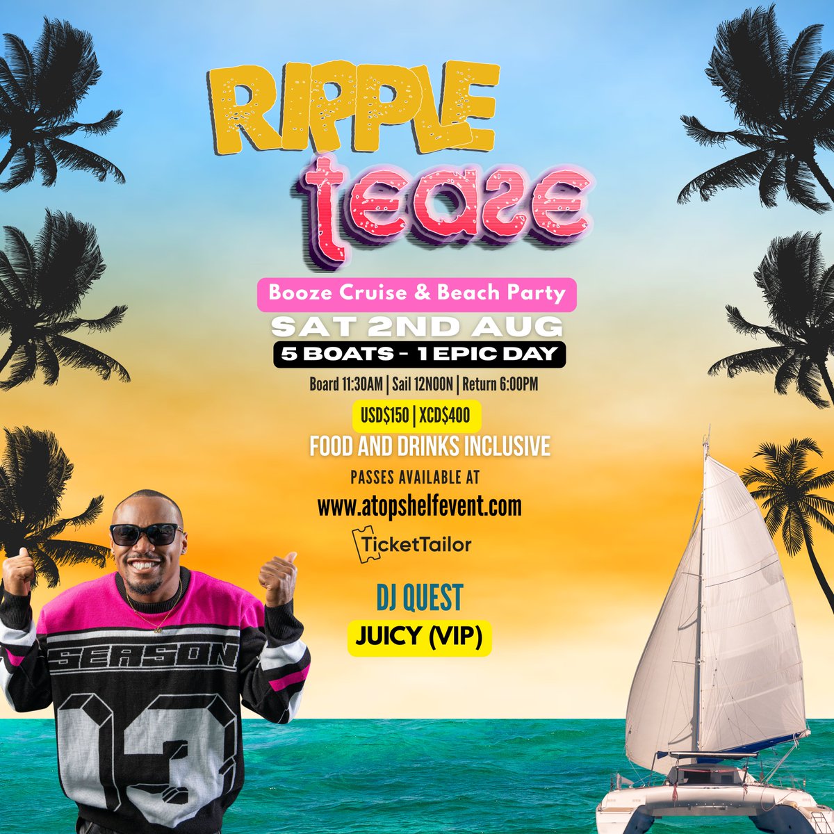 A VIP DJ for the Juicy (VIP) boat. By popular demand DJ Quest returns for a second year on the Kai Koconut experience.

VIP passes available here: atopshelfevent.com
