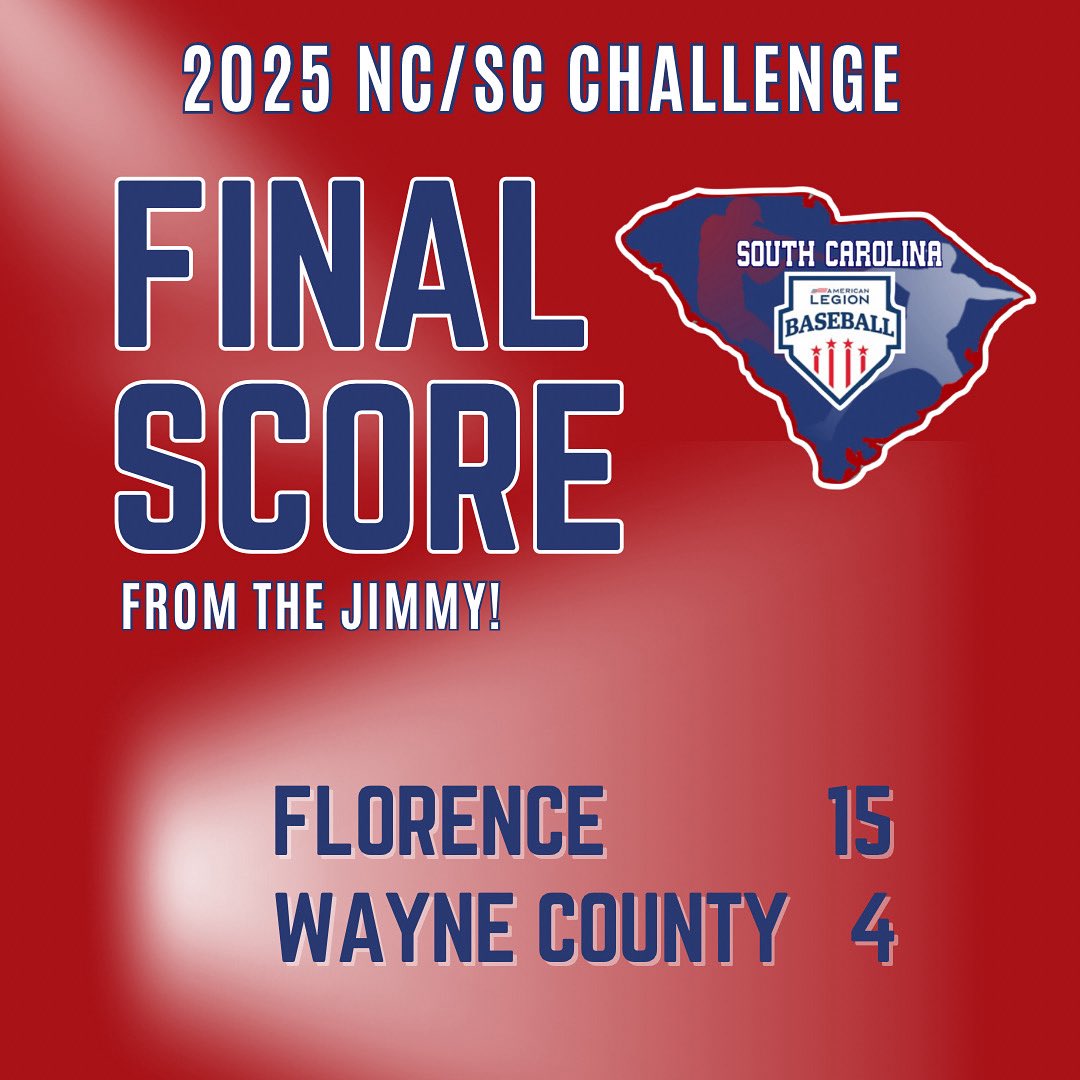 Game 1 of the NC/SC Challenge is in the books! Florence Post 1, led by a Web Barnes three-run bomb, defeated Wayne County Post 11, 15-4.