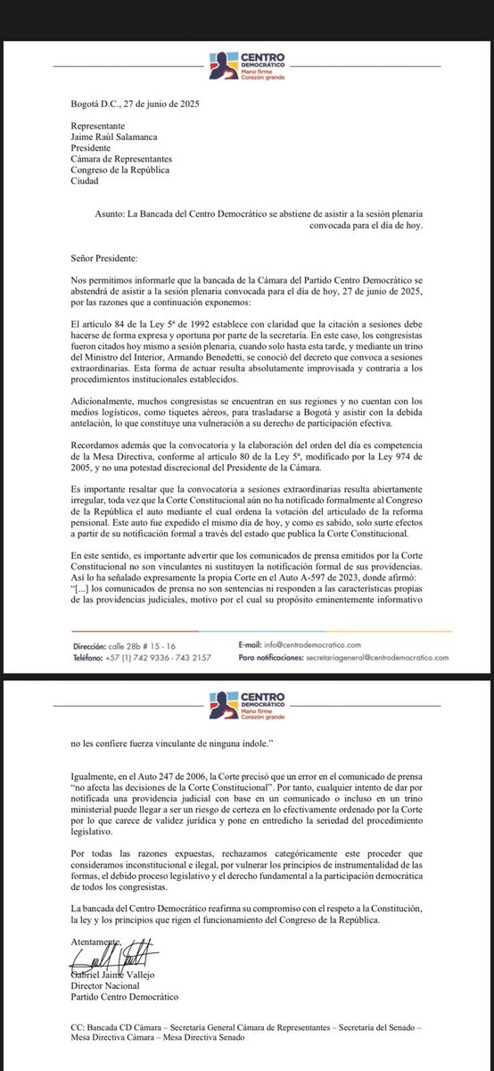 ÚltimaHoraCaracol (@ultimahoracr) on Twitter photo #POLÍTICA La bancada del Centro Democrático (<a href="/CeDemocratico/">Centro Democrático</a>) de la Cámara de Representantes tampoco asistirá a la sesión plenaria convocada para la noche de este viernes. Insisten en que la convocatoria a extras se hizo de forma irregular y argumentan que varios de sus #POLÍTICA La bancada del Centro Democrático (<a href="/CeDemocratico/">Centro Democrático</a>) de la Cámara de Representantes tampoco asistirá a la sesión plenaria convocada para la noche de este viernes. Insisten en que la convocatoria a extras se hizo de forma irregular y argumentan que varios de sus