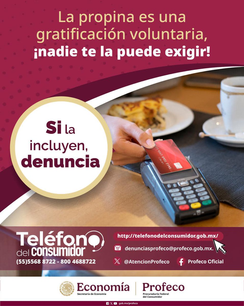 ¿Te incluyeron la propina en tu cuenta?

Recuerda que la propina es una gratificación voluntaria; no deben incluirla automáticamente ni obligarte a pagarla.

Si algún proveedor te la exige, denúncialo ante la Profeco.

¡Un consumidor informado nunca será engañado!