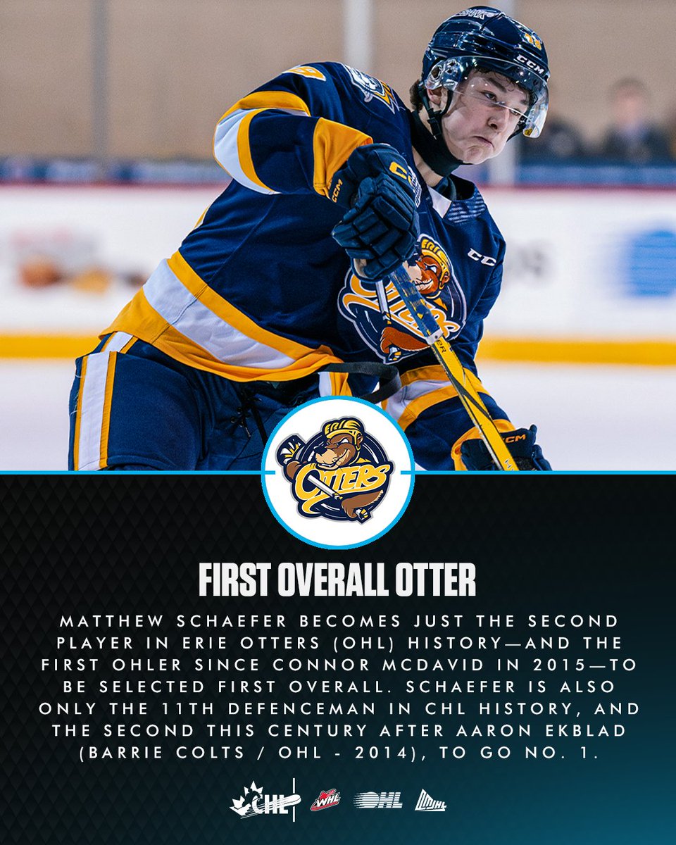 Canadian Hockey League (@chlhockey) on Twitter photo Matthew Schaefer follows in Connor McDavid’s footsteps as the second player in <a href="/ErieOtters/">Erie Otters 🦦</a> history to be the first overall pick at the #NHLDraft!
#CHLStats | #MeettheFuture Matthew Schaefer follows in Connor McDavid’s footsteps as the second player in <a href="/ErieOtters/">Erie Otters 🦦</a> history to be the first overall pick at the #NHLDraft!
#CHLStats | #MeettheFuture