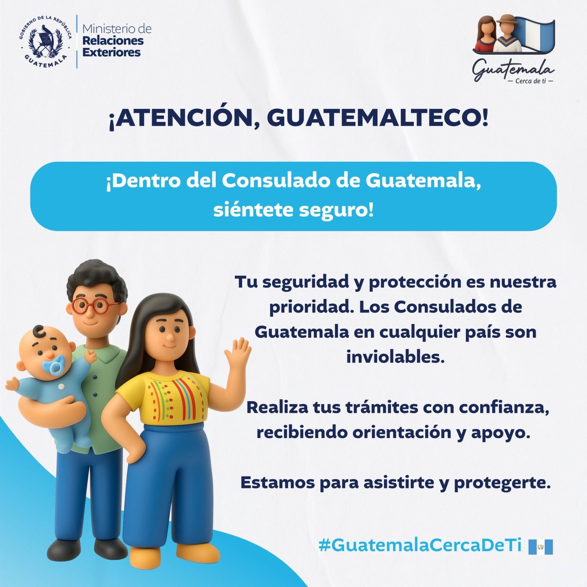 Siéntete seguro en tu Consulado. Estamos aquí para ayudarte y protegerte.
#GuatemalaCercaDeTi 🇬🇹