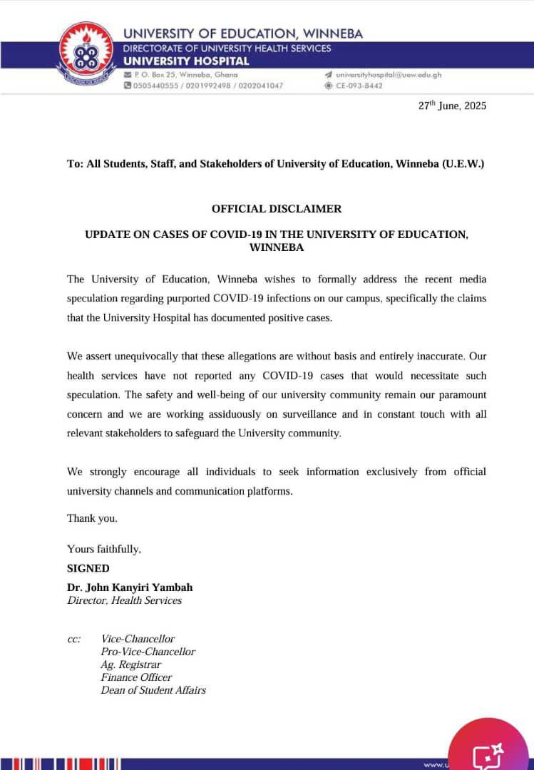 📍OFFICIAL DISCLAIMER📍 

UPDATE ON CASES OF COVID-19 IN THE UNIVERSITY OF EDUCATION, WINNEBA