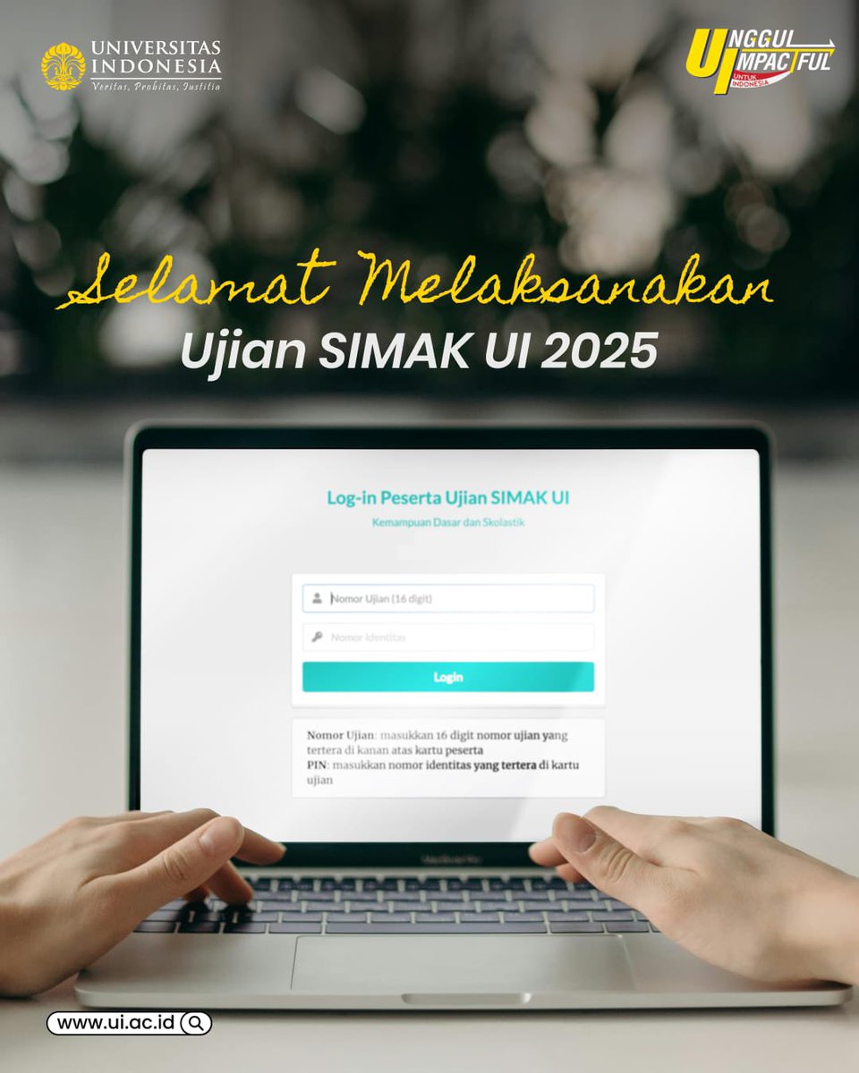 Halo, Pejuang SIMAK UI!👋🏻

Hari ini adalah hari pembuktian kamu atas segala upaya, doa, dan harapan untuk meraih status "mahasiswa" di Kampus Perjuangan, Universitas Indonesia 🧡

Selamat melaksanakan Ujian CBT SIMAK UI 2025, tetap fokus, dan semoga sobat UI diberikan kemudahan