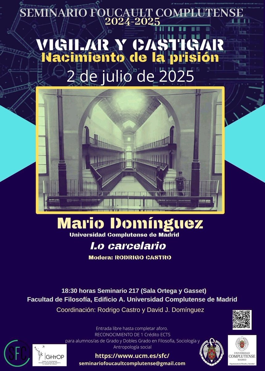 Seminario Foucault Complutense (@sfoucaultc) on Twitter photo El 2 de junio seguimos con el seminario de lectura de "Vigilar y castigar" en la <a href="/FilosofiaUCM/">Facultad de Filosofía UCM</a>, esta vez con nuestro compañero Mario Domínguez, quien nos hablará de lo carcelario.
También tendremos transmisión online a través de nuestro canal de YouTube: youtube.com/@sfcseminariof… El 2 de junio seguimos con el seminario de lectura de "Vigilar y castigar" en la <a href="/FilosofiaUCM/">Facultad de Filosofía UCM</a>, esta vez con nuestro compañero Mario Domínguez, quien nos hablará de lo carcelario.
También tendremos transmisión online a través de nuestro canal de YouTube: youtube.com/@sfcseminariof…