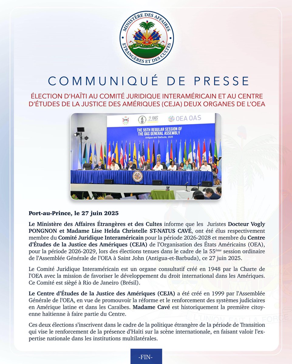 Election d’Haiti au Comité Juridiques Interaméricain et au Centre d’Etude de Justice des Amériques (CEJA) deux organes de l’OEA