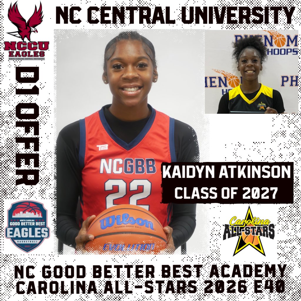 NC GBB ACADEMY (@ncgbba) on Twitter photo Congrats NC GBB ‘27 KAIDYN “KK” ATKINSON on D1 Offer from NC Central University <a href="/NCCUWBB/">NC Central WBB</a> Head Coach Terrance Baxter.
Coaches see KK live in July with Carolina All-Stars <a href="/carolinallstars/">Carolina All-Stars Girls Basketball</a> E40 <a href="/Elite40League/">Elite 40 League</a> in Louisville 7/10-15 & 19-21. <a href="/Ohio_Basketball/">OhioBasketball.com</a> <a href="/TFNsRun4Roses/">TFN's Run 4 Roses</a> Congrats NC GBB ‘27 KAIDYN “KK” ATKINSON on D1 Offer from NC Central University <a href="/NCCUWBB/">NC Central WBB</a> Head Coach Terrance Baxter.
Coaches see KK live in July with Carolina All-Stars <a href="/carolinallstars/">Carolina All-Stars Girls Basketball</a> E40 <a href="/Elite40League/">Elite 40 League</a> in Louisville 7/10-15 & 19-21. <a href="/Ohio_Basketball/">OhioBasketball.com</a> <a href="/TFNsRun4Roses/">TFN's Run 4 Roses</a>