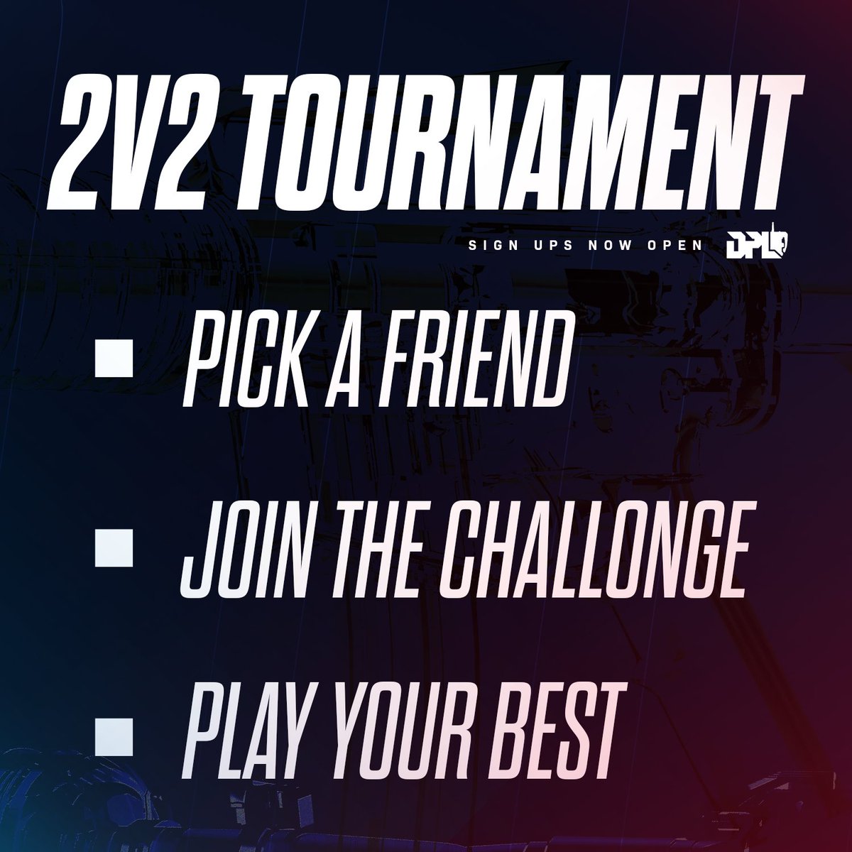 The sign ups for the 2v2 tournament are now open! You can sign up with a friend over on the challonge here (challonge.com/tournaments/si…)

More info can be found the Due Process Official Discord