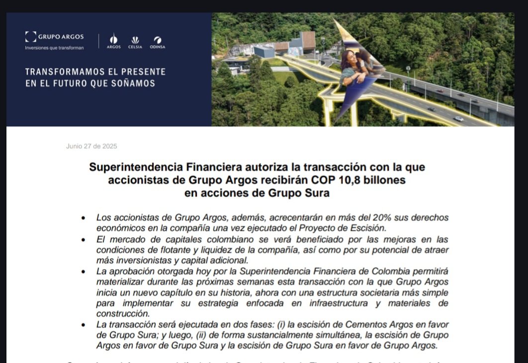 Sebastian Toro 🇨🇴🇧🇷🇺🇲 (@torodearena) on Twitter photo Aprobado el DESENROQUE de <a href="/Grupo_Argos/">Grupo Argos</a> y <a href="/GRUPOSURA/">Grupo SURA</a>
Una noticia positiva para las empresas y accionistas que muy pronto seran 2 holding con diferentes enfoques
Pronto cada accionista recibira acciones del otro grupo y sacaremos video explicandote todo! Aprobado el DESENROQUE de <a href="/Grupo_Argos/">Grupo Argos</a> y <a href="/GRUPOSURA/">Grupo SURA</a>
Una noticia positiva para las empresas y accionistas que muy pronto seran 2 holding con diferentes enfoques
Pronto cada accionista recibira acciones del otro grupo y sacaremos video explicandote todo!