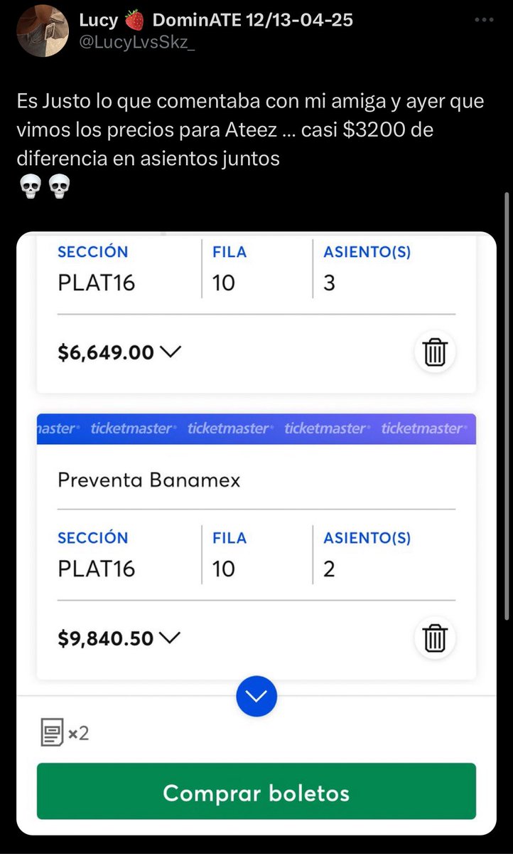 LucyLvsSkz_'s tweet photo. Cuando Entramos a la venta de Ateez
Y revisamos los platinos  que queríamos vimos que la diferencia entre dos asientos juntos son mas 3k  
#MiExperenciaConOCESA
SIN PRECIOS NO COMPRAMOS
#OcesaAnunciaPreciosSS10
@ocesa_kpop @ocesa_total https://t.co/FZHzLo8Nmb
