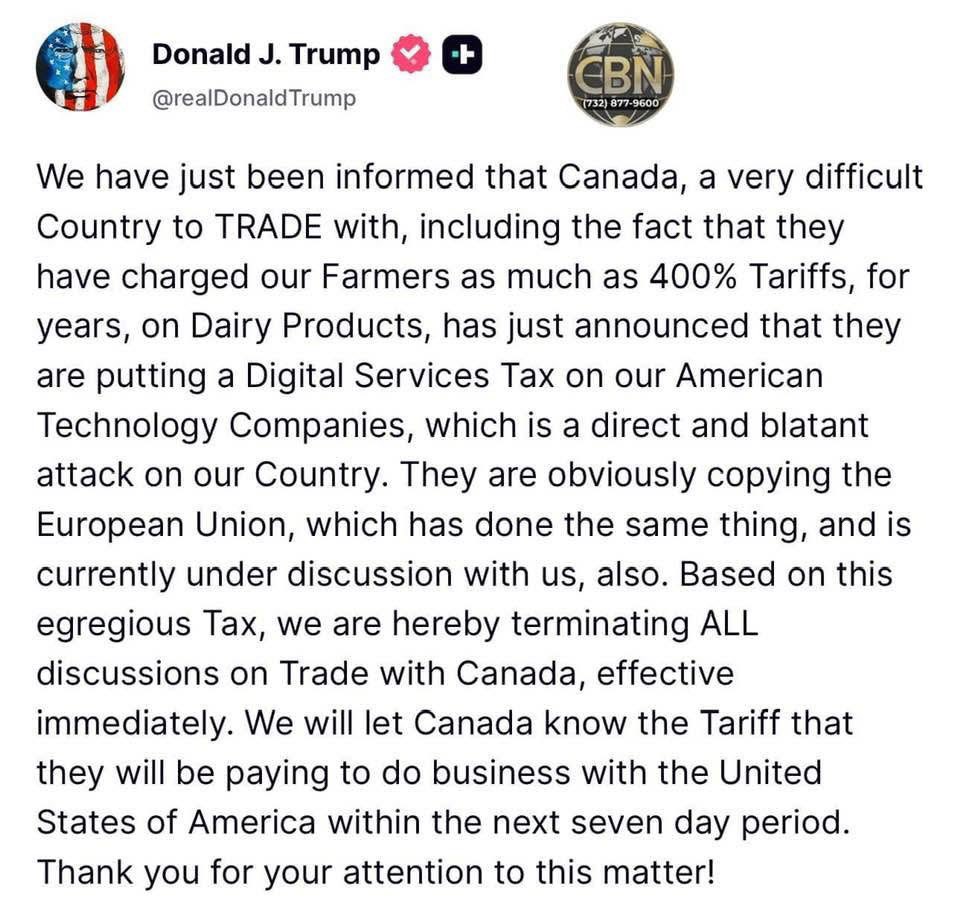 Trudeau’s Digital Services Tax killed trade talks with America.

Mark Carney? Silent.

No deal with Trump. 

Liberals are sabotaging Canada’s economy on purpose.