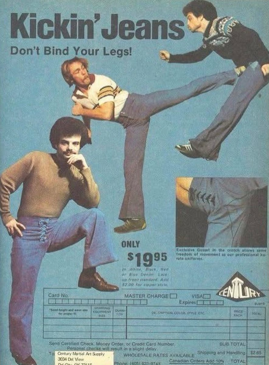 Kickin Jeans, also known as Action Jeans, were popular from 1977 to 1991. They looked like classic western jeans but featured stretch denim that let you move like a stuntman.
