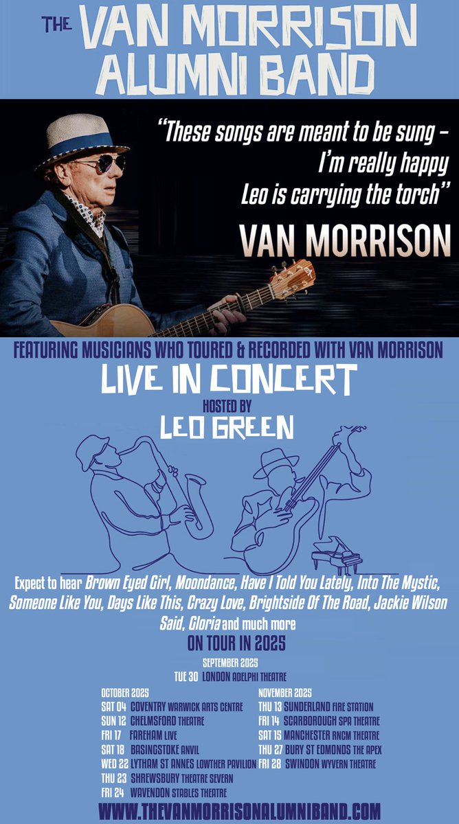 Tickets for all our shows celebrating the incredible catalogue of <a href="/vanmorrison/">Van The Man</a> are now here:
thevanmorrisonalumniband.com/see-us-live