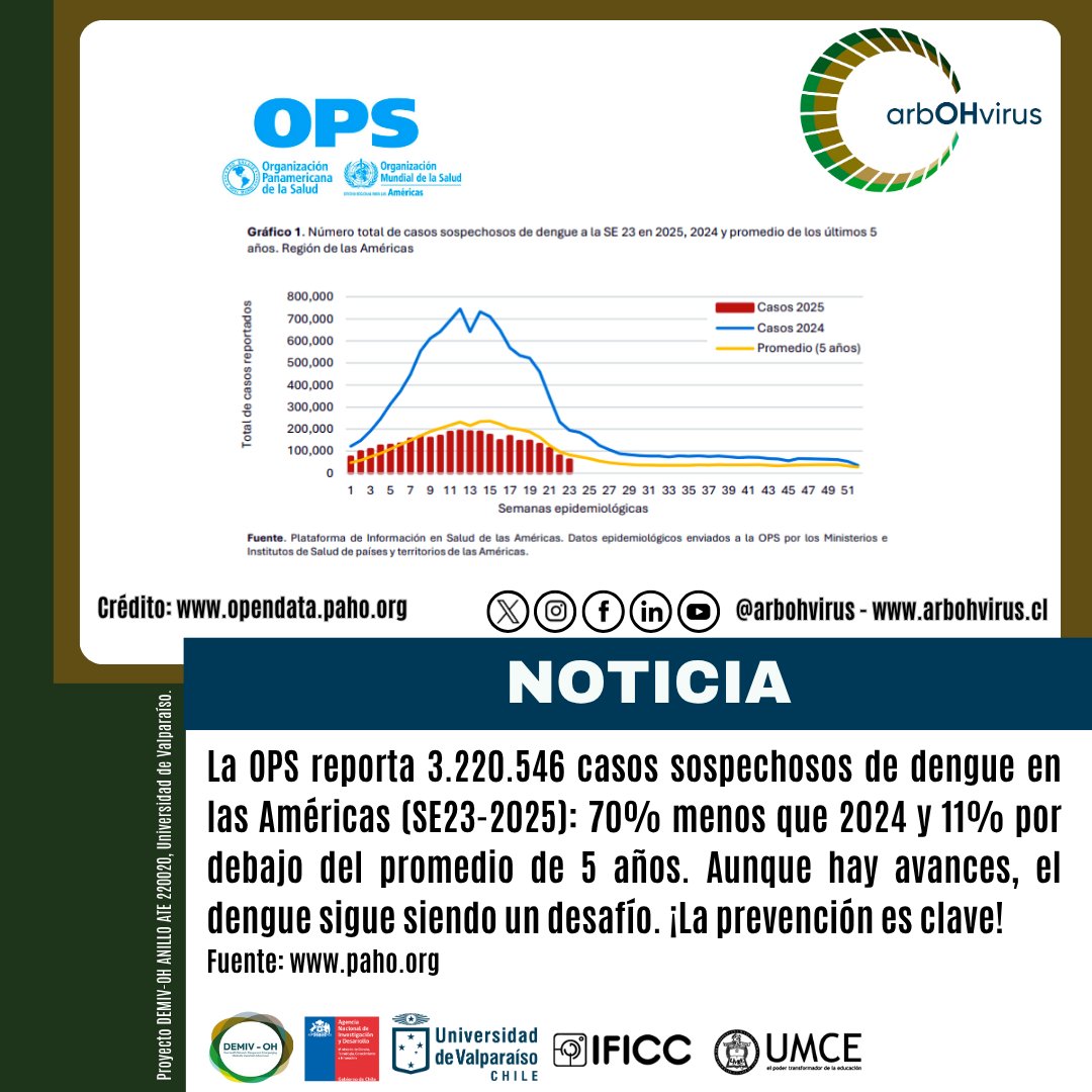 arbohvirus's tweet image. 🦟#AlertaEpidemiológica: El #Dengue sigue siendo un desafío en las #Américas (SE23-2025). Desde #arbOHvirus trabajamos en su #Prevención con enfoque #OneHealth. @opsoms👉 bit.ly/4bo5GNI
@ANID_Chile
@CentrosAnid
@uvalpochile
@umcecl
@InstitutoIficc
@PAHOWHO
@OPSOMSChile