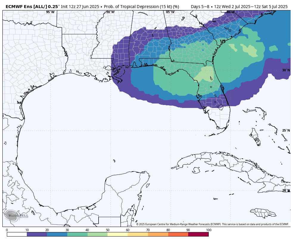 The NE Gulf and just off the SE Coast is a spot to watch for tropical mischief as a decaying cold front stalls next week.

Regardless of development, heavy rain chances are increasing along the Gulf Coast, Florida, and into the Carolinas. Next name is #BARRY.

#TropicalUpdate 🌀