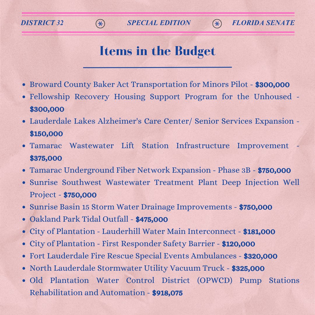 The 2025 Florida Legislative Session is a wrap. We ended with $14,367,857 in the budget for Florida Senate District 32. Now we wait to for the Governor’s support! #flsenate32