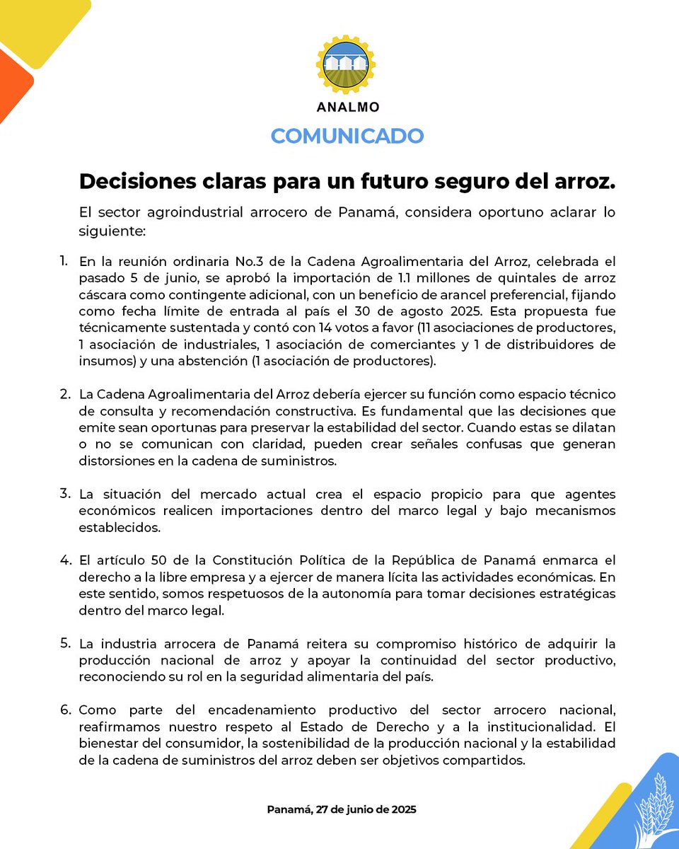 La Cadena Agroalimentaria del Arroz aprobó la importación de 1.1M quintales con arancel preferencial hasta el 30/08/2025.
✅ Respaldamos la producción nacional
✅ Respetamos la libre empresa y el marco legal
✅ Apostamos por la estabilidad del mercado

#ArrozPanameño