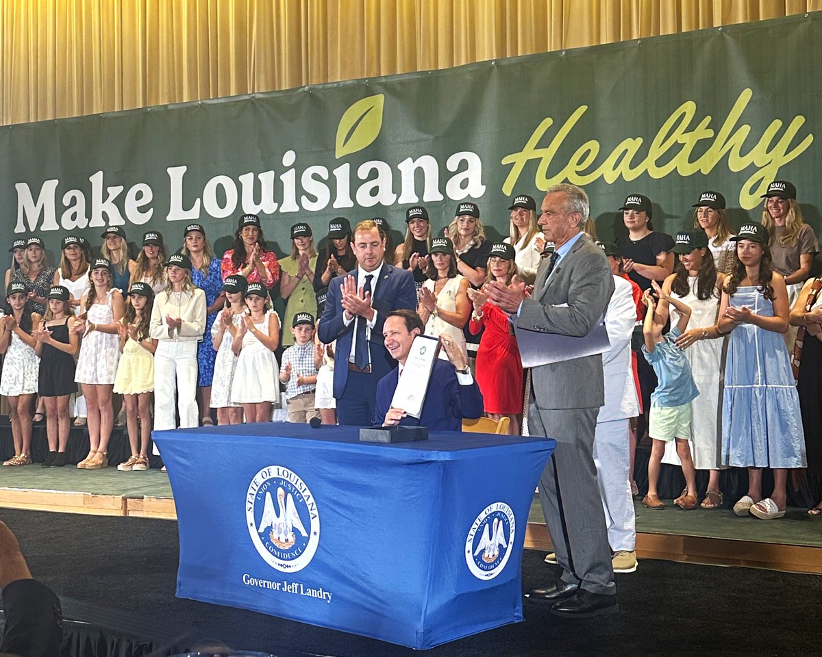 la_surgeon's tweet photo. It was an absolute honor to have @SecKennedy join us in Louisiana as @LAGovJeffLandry signed SB14 into law.

We're proud that Louisiana is playing a leading role in setting a national standard for health and nutrition by banning artificial dyes and harmful preservatives in school meals, promoting local sourcing, requiring nutrition education for physicians, and mandating ingredient disclosures from food manufacturers and restaurants.

With unanimous support from both the House and Senate, this bipartisan legislation exemplifies a united commitment to #MakeLouisianaHealthy for our children and their future.
