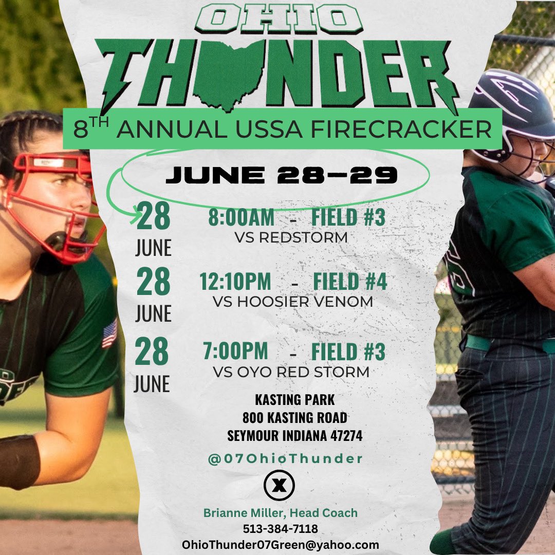 In the Hoosier state bright and early tomorrow morning for the <a href="/USSSA/">USSSA</a> Firecracker tournament! Looking forward to building off of a solid showcase last weekend. Let’s go Thunder! 💚 🖤🤍#FeelTheThunder
