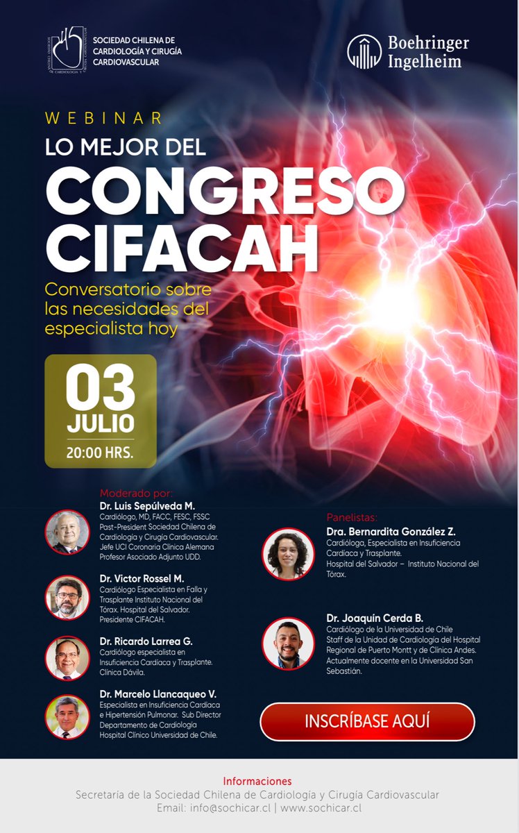 Bernardita González, MD (@bernilina) on Twitter photo Próxima semana! 👀
Webinar <a href="/Sochicaroficial/">Soc. Chilena de Cardiología</a> imperdible con lo mejor del congreso <a href="/cifacah/">Consejo Interamericano de Falla Cardíaca e HP</a> 🙌🏻
💻 Actividad online
📆 Jueves 3 de julio
🕢20 horas de Chile 🇨🇱
Inscripciones aquí: us06web.zoom.us/webinar/regist…
#CardioEd #Cardiologia #cifacah <a href="/SIAC_cardio/">SIAC</a> Próxima semana! 👀
Webinar <a href="/Sochicaroficial/">Soc. Chilena de Cardiología</a> imperdible con lo mejor del congreso <a href="/cifacah/">Consejo Interamericano de Falla Cardíaca e HP</a> 🙌🏻
💻 Actividad online
📆 Jueves 3 de julio
🕢20 horas de Chile 🇨🇱
Inscripciones aquí: us06web.zoom.us/webinar/regist…
#CardioEd #Cardiologia #cifacah <a href="/SIAC_cardio/">SIAC</a>