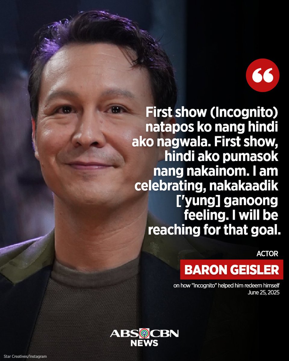 ABSCBNNews's tweet photo. Nagpapasalamat si Baron Geisler sa seryeng "Incognito," na aniya'y tumulong sa kanyang maging disiplinado at muling patunayan ang sarili.

Basahin: https://t.co/FOjjQqm447 https://t.co/11jhWFTLRY