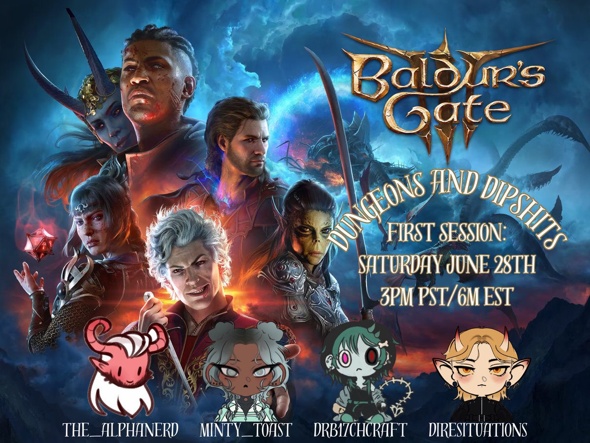 ahahaha alright bitches you already K N O W whats about to happen
Baldur's Gate 3 with these three TOMORROW, SATURDAY JUNE 28TH 6PM EST S H A R P >:3 and you BETTER be there 
I'm VERY excited to finally get to play this, so I hope you're just as excited to experience it with us