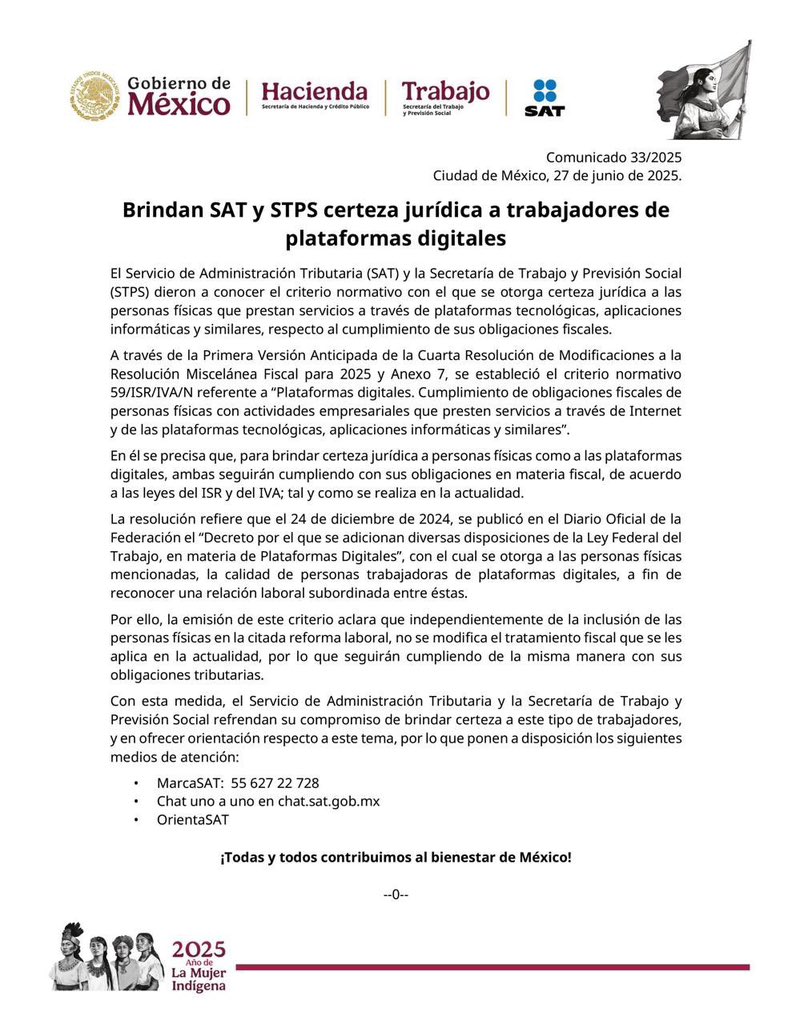 🚨 ¡Atención trabajadores de plataformas digitales!

SAT y STPS acaban de emitir un criterio normativo clave para darte certeza jurídica sobre tu situación fiscal, incluso tras la reforma laboral publicada en 2024.

🧵 Abro hilo: