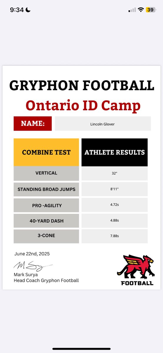 Lincoln Glover (@lincglover) on Twitter photo Combine Results from Guelph Gryphons football camp.
Thanks to Coach <a href="/cappiello99/">CoachCappiello99</a> for inviting me out. Combine Results from Guelph Gryphons football camp.
Thanks to Coach <a href="/cappiello99/">CoachCappiello99</a> for inviting me out.