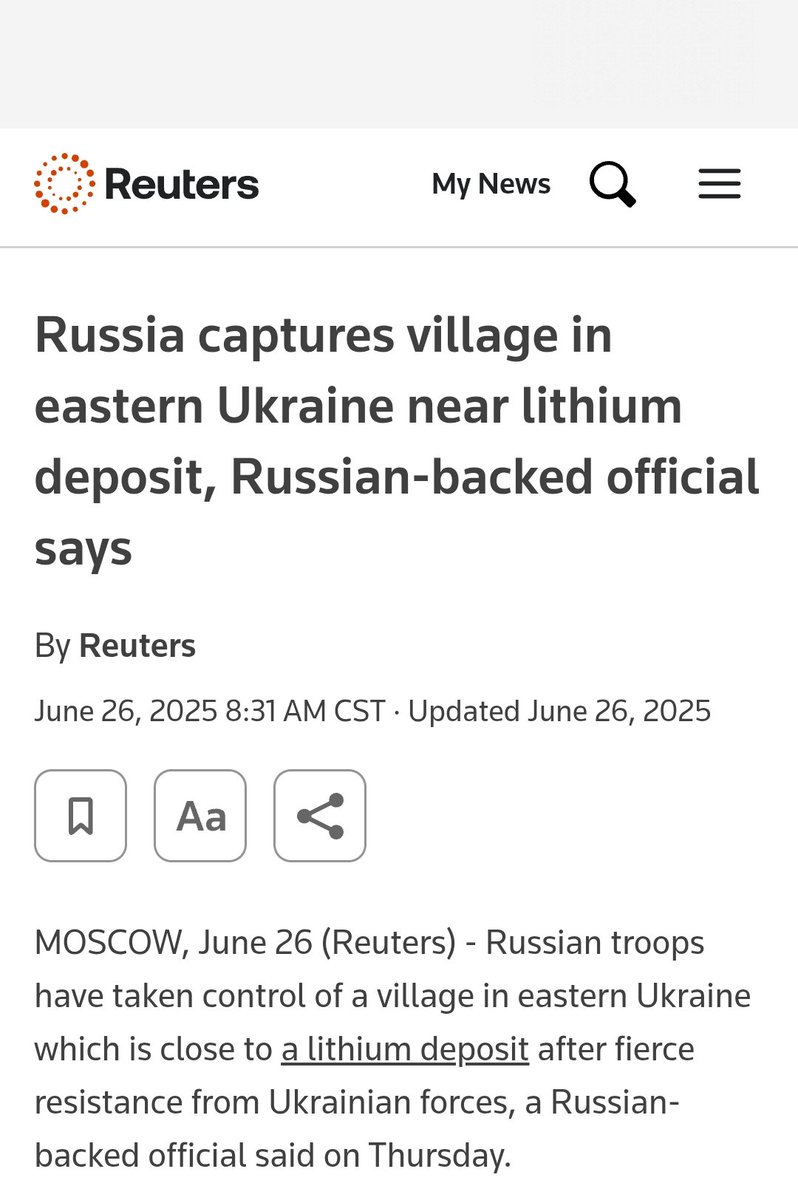#URGENTE #ULTIMAHORA
‼️DURO GOLPE AL FUTURO UCRANIANO‼️
El ejército de la federación RUSA tomó ya el segundo de los cuatro yacimientos de litio en UCRANIA, que además contiene otros metales raros como tántalo, niobio, berilio, cesio y rubidio.
💢Se trata del asentamiento de