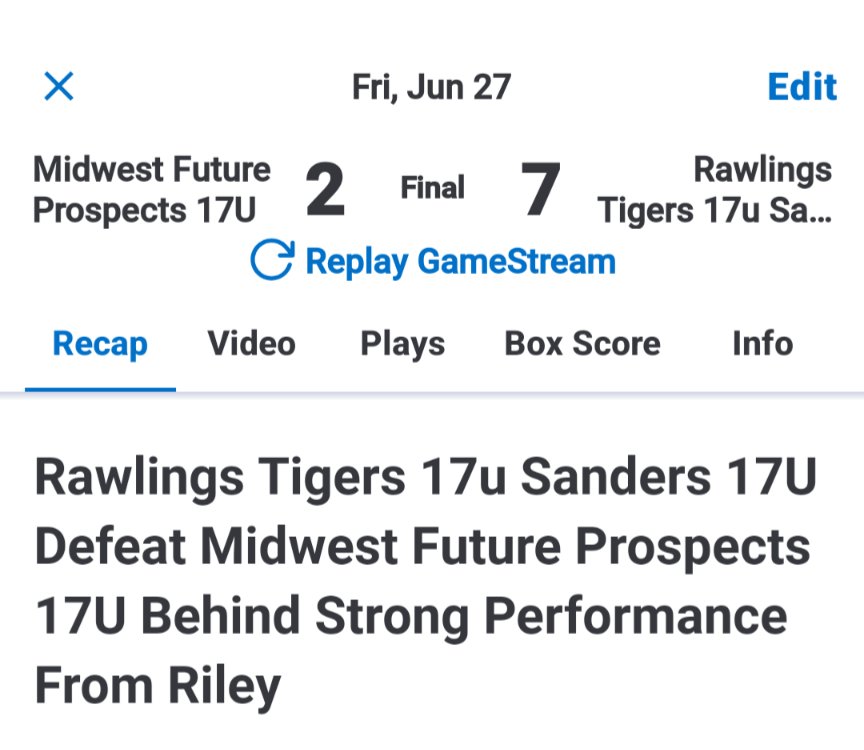 Rawlings Tigers 17u Sanders 17U Defeat Midwest Future Prospects 17U Behind Strong Performance From Riley

By GameChanger

Caden Riley struck out 16 batters as the lefty led Rawlings Tigers 17u Sanders 17U past Midwest Future Prospects 17U 7-2 on Friday. Caden Riley gave up one