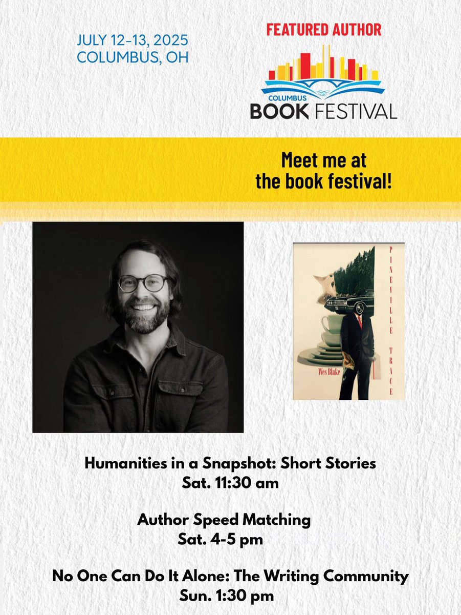 wesblake_'s tweet photo. Excited to be a featured writer at the @CBusBookFest . I’ll be on three panels and will share more details in coming days. If you’re in the area, drop in and say hello! It’s a fantastic book festival.

https://t.co/g0uHDA8cRF

#bookfestival #booksigning  #pinevilletrace https://t.co/UJ0ii0mylE