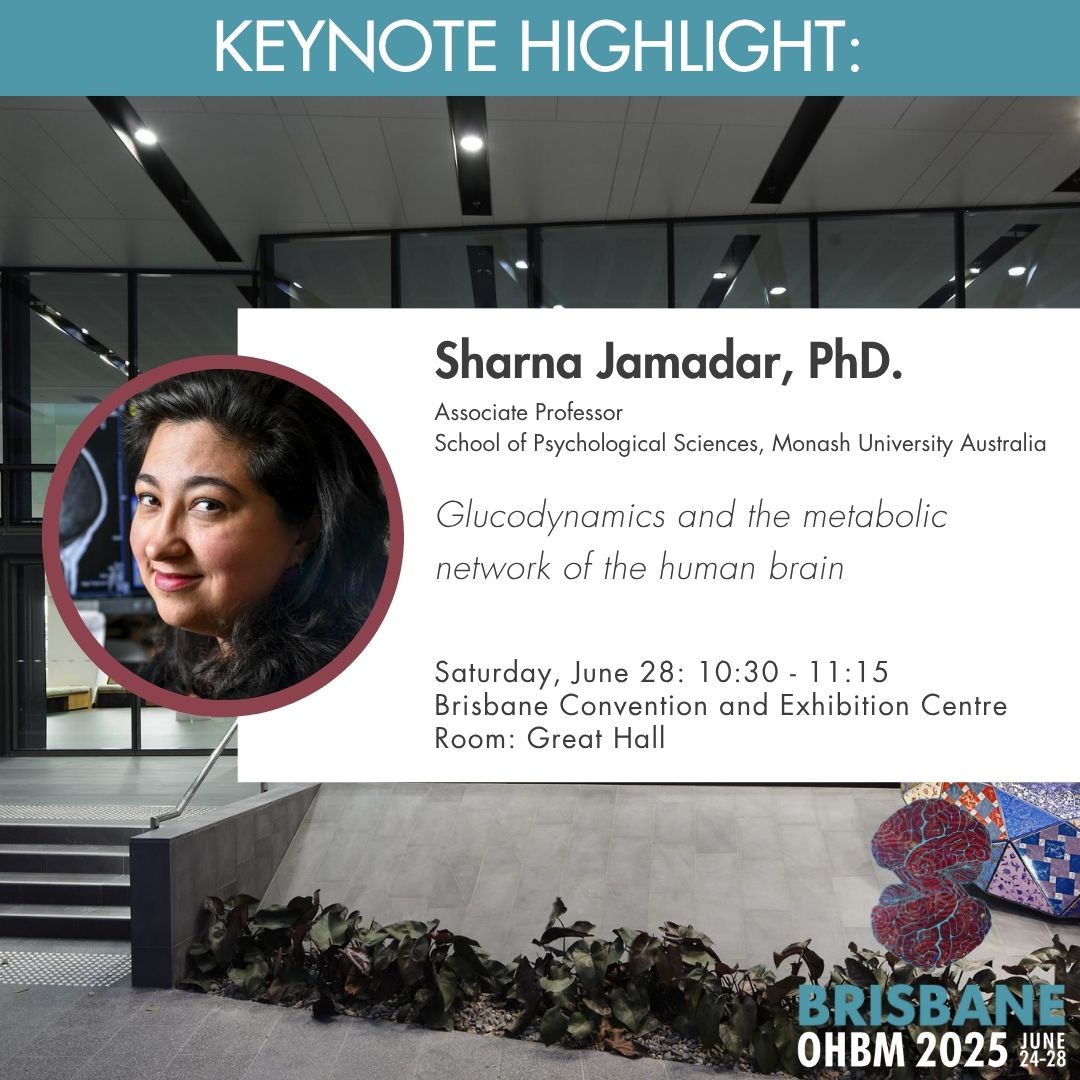 ⏳ Join us now in the Great Hall!
🎤 Sharna Jamadar, PhD – Keynote Speaker
🧠 Glucodynamics &amp; the Metabolic Network of the Human Brain
📅 Sat, June 28 ⏰ 10:30–11:15
#OHBM2025