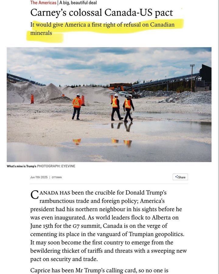 Trump estaba negociando a la par con China y Canadá sobre minerales raros.

Logrado el acuerdo con China, descarta a Canadá.

Hace unos días, The Economist "mataba" (eliminaba) esta nota en su sitio.

Qué pasó, quién sabe.