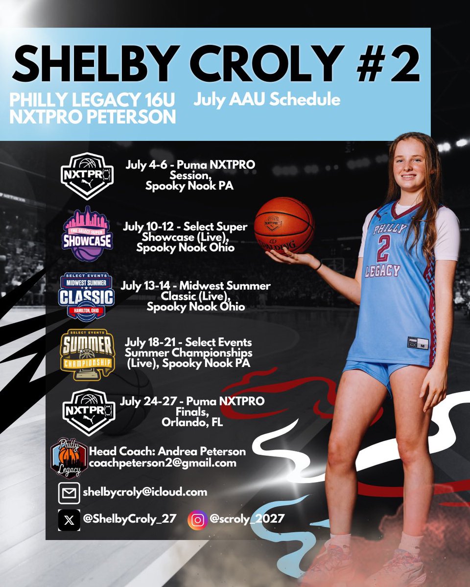 Shelby Croly (@shelbycroly_27) on Twitter photo Here is my team’s updated July AAU Schedule!! Super excited for these next few tournaments with my teammates. <a href="/APetey2/">Andrea Peterson</a> <a href="/PRO16G/">NXTPRO Girls League</a> <a href="/SelectEventsBB/">Select Events Basketball</a> <a href="/PGHNewJersey/">Prep Girls Hoops New Jersey</a> Here is my team’s updated July AAU Schedule!! Super excited for these next few tournaments with my teammates. <a href="/APetey2/">Andrea Peterson</a> <a href="/PRO16G/">NXTPRO Girls League</a> <a href="/SelectEventsBB/">Select Events Basketball</a> <a href="/PGHNewJersey/">Prep Girls Hoops New Jersey</a>