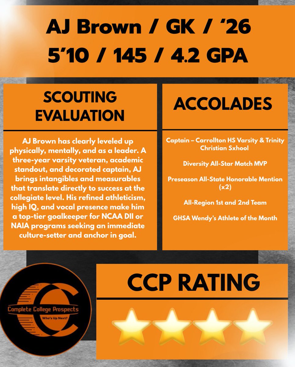 AJ Brown (@ajbrown2007) on Twitter photo I’m beyond grateful for my recent <a href="/ccprospects23/">complete college prospects</a> analysis and rating of a ⭐️⭐️⭐️⭐️ athlete!! Continuing to put in that work this summer for a great senior season!
ccprospects.com - link to report
<a href="/ImYouthSoccer/">ECNL/GA/Recruiting/College Soccer</a> <a href="/TopPreps/">SPORTS NEWS, VIDEOS, GRAPHICS, EXPOSURE & MORE</a> <a href="/ps_nation_/">Prep Sports Nation</a> <a href="/OSGNelson/">#CuteSportsGuy</a> <a href="/whosupnext23/">Who's Up Next</a> I’m beyond grateful for my recent <a href="/ccprospects23/">complete college prospects</a> analysis and rating of a ⭐️⭐️⭐️⭐️ athlete!! Continuing to put in that work this summer for a great senior season!
ccprospects.com - link to report
<a href="/ImYouthSoccer/">ECNL/GA/Recruiting/College Soccer</a> <a href="/TopPreps/">SPORTS NEWS, VIDEOS, GRAPHICS, EXPOSURE & MORE</a> <a href="/ps_nation_/">Prep Sports Nation</a> <a href="/OSGNelson/">#CuteSportsGuy</a> <a href="/whosupnext23/">Who's Up Next</a>
