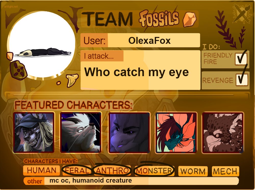 FIGHT ME  
artfight.net/~OlexaFox 

#ArtFight #ArtFight2025 #TeamFossils