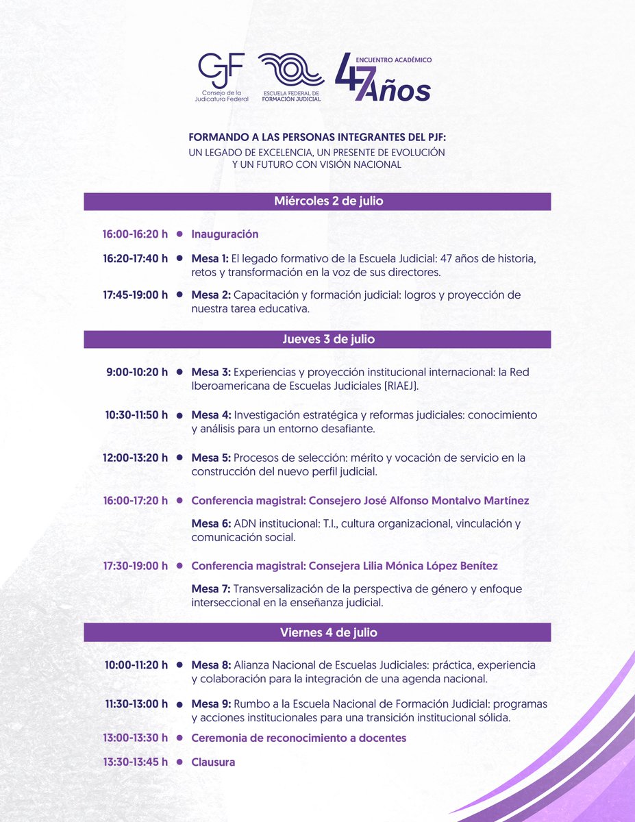 ENFJ_mx's tweet photo. Encuentro académico
⭕️ 47 años formando a las personas integrantes del PJF: un legado de excelencia, un presente de evolución y un futuro con visión nacional

📍Presencial - Sede central EFFJ
📅 2, 3 y 4 de julio

Registro abierto a todo público: https://t.co/oHw3DSMkix

¡Súmate! https://t.co/AWlIb1M5qq