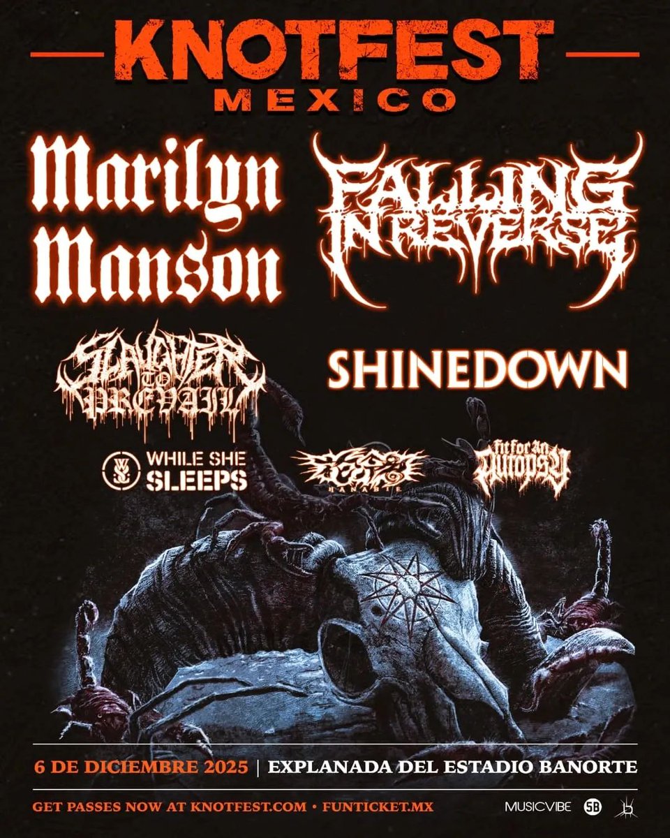 AllAccessRadio's tweet photo. ¡#Knotfest México regresa! 

🤘 El 6 de diciembre en la explanada del Estadio Banorte, con Marilyn Manson, Falling In Reverse, Shinedown, Slaughter to Prevail y más. 

🎟️ Boletos a la venta 3 de julio. https://t.co/u2TQuazf6a