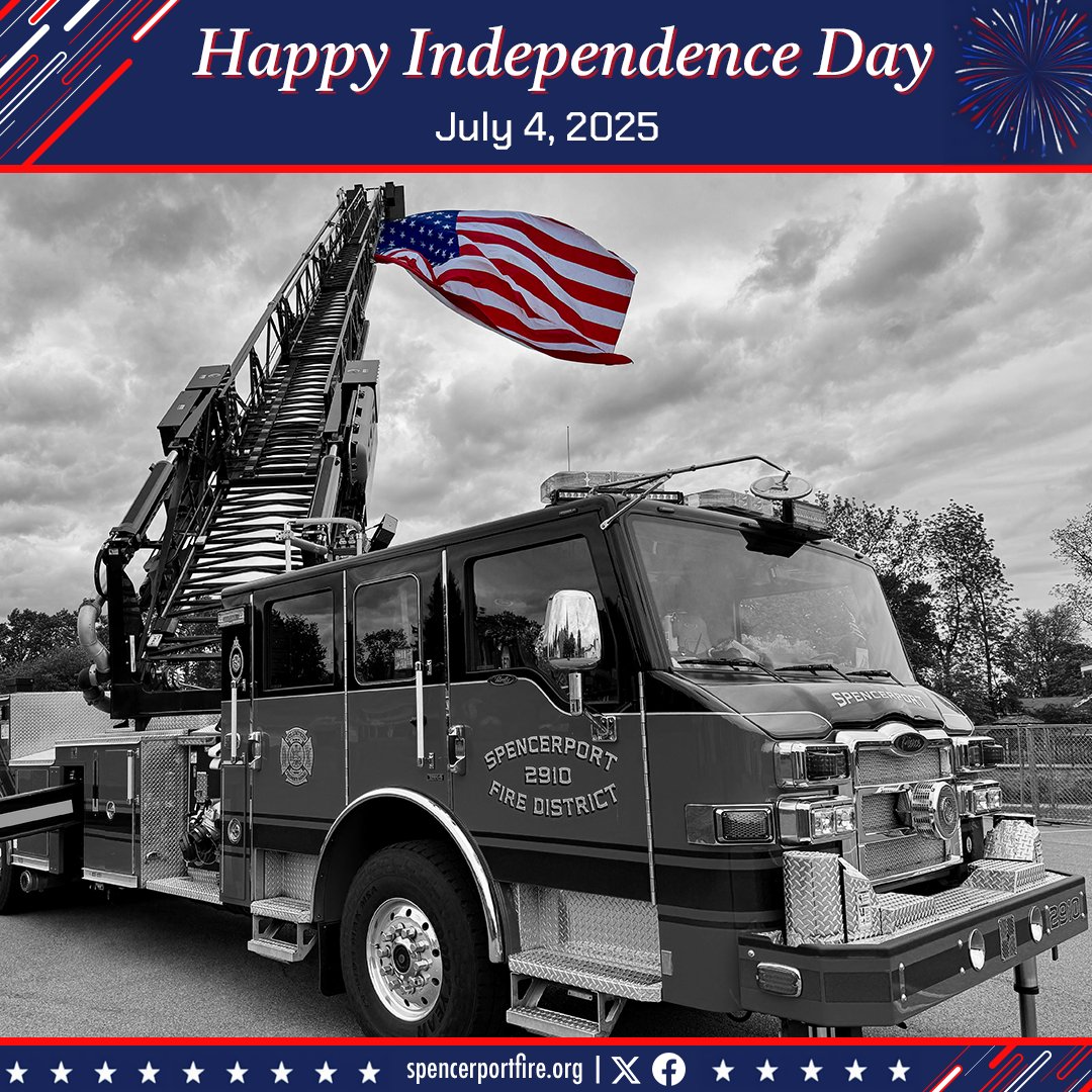 Happy 4th of July from all of us at the Spencerport FD! As we celebrate our nation’s independence, we remind everyone to stay safe, especially when it comes to fireworks and grilling. Our 100% volunteer firefighters are ready if you need us. Have a safe and festive holiday! 🔥🇺🇸