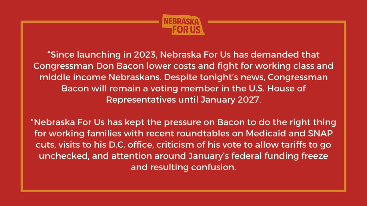 NebraskaForUs's tweet image. A statement from State Director Angie Lauritsen following news of Congressman Don Bacon's plans to retire from Congress. #DefendingTheGoodLife #NE02