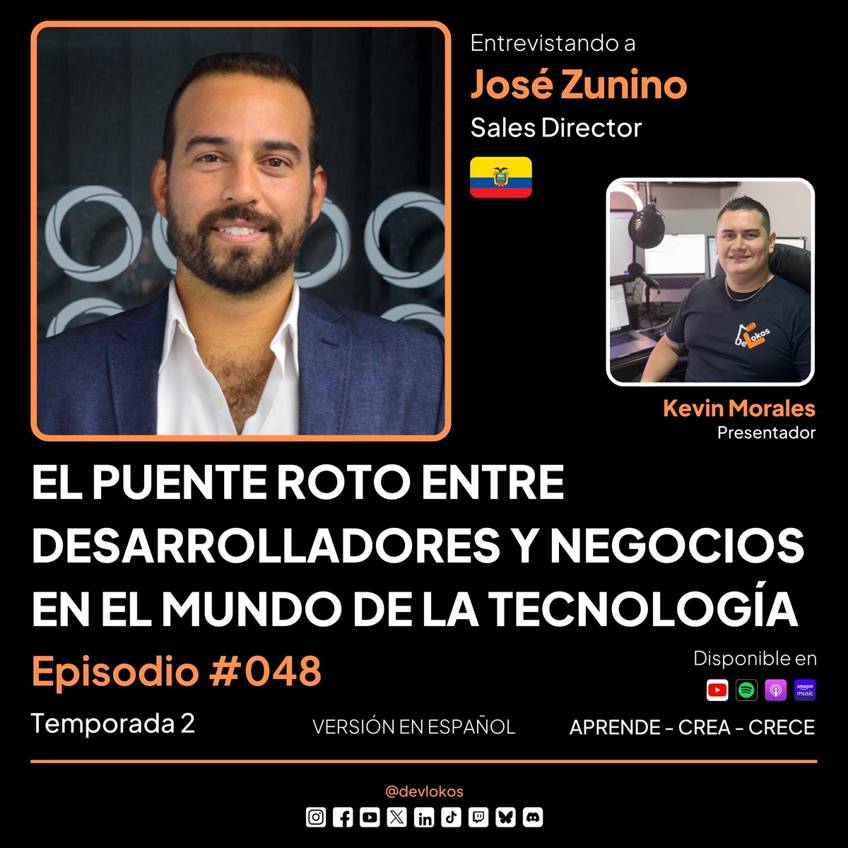 DevLokos's tweet image. ¡Episodio 48 de @DevLokos! 🤝 Con José Zunino (@jxzunino) desde Ecuador 🇪🇨 hablamos del puente roto entre desarrolladores y negocios. 🧠
Estreno: 28/06, 8 p.m. 🎧 Spotify, Apple Podcast y YouTube.
