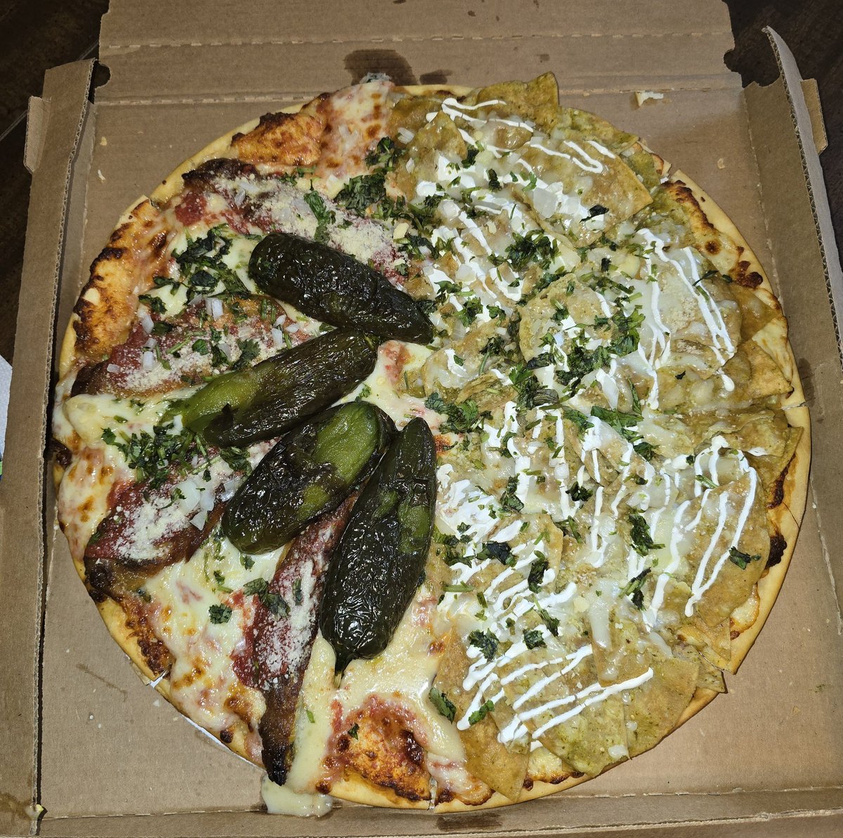 Happy Friday #OPNation. We can make a pizza with anything in Chicago. Enter Chile Relleno/Chilaquiles pizza. Mighty tasty. #OnPatrolLive #OPLive #Reelz