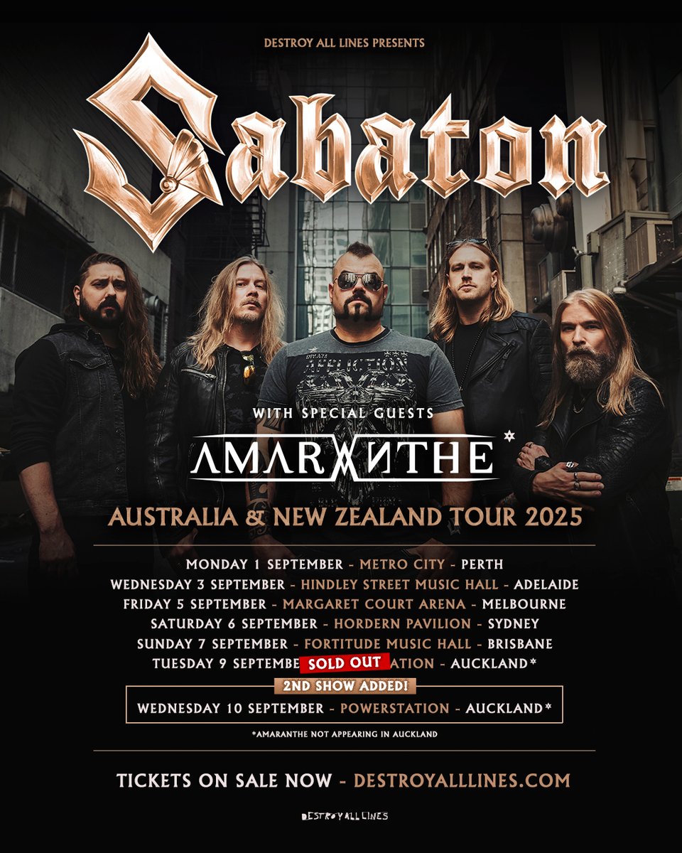 🇦🇺 🇳🇿 ATTENTION METALHEADS IN AUSTRALIA + NEW ZEALAND!
Hurry and get your tickets to see us! We’re heading your way this September with seven epic shows you won’t want to miss. 🤘 Two of those will be in Auckland, marking our very first performances in New Zealand, and one of