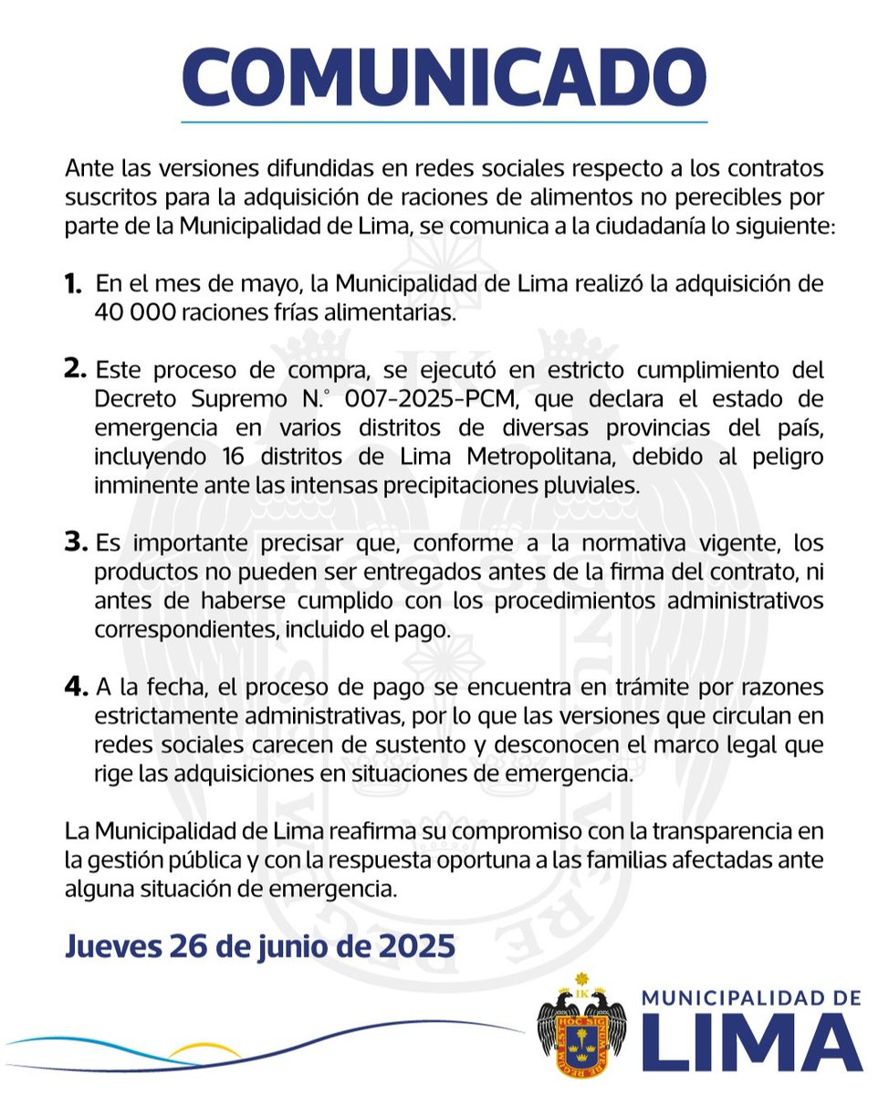ginoequidad's tweet photo. La @MuniLima compro comida sin registro sanitario para damnificados el 6 de junio. NO EN MAYO como señalan en su comunicado. Aprovecharon estado de emergencia para comprarle 2.7 Millones a LEALTO empresa fachada de inhabilitado Saúl Mishkin Chlimper hijo de exministro Aprista🌟 https://t.co/c1MGqMCOND
