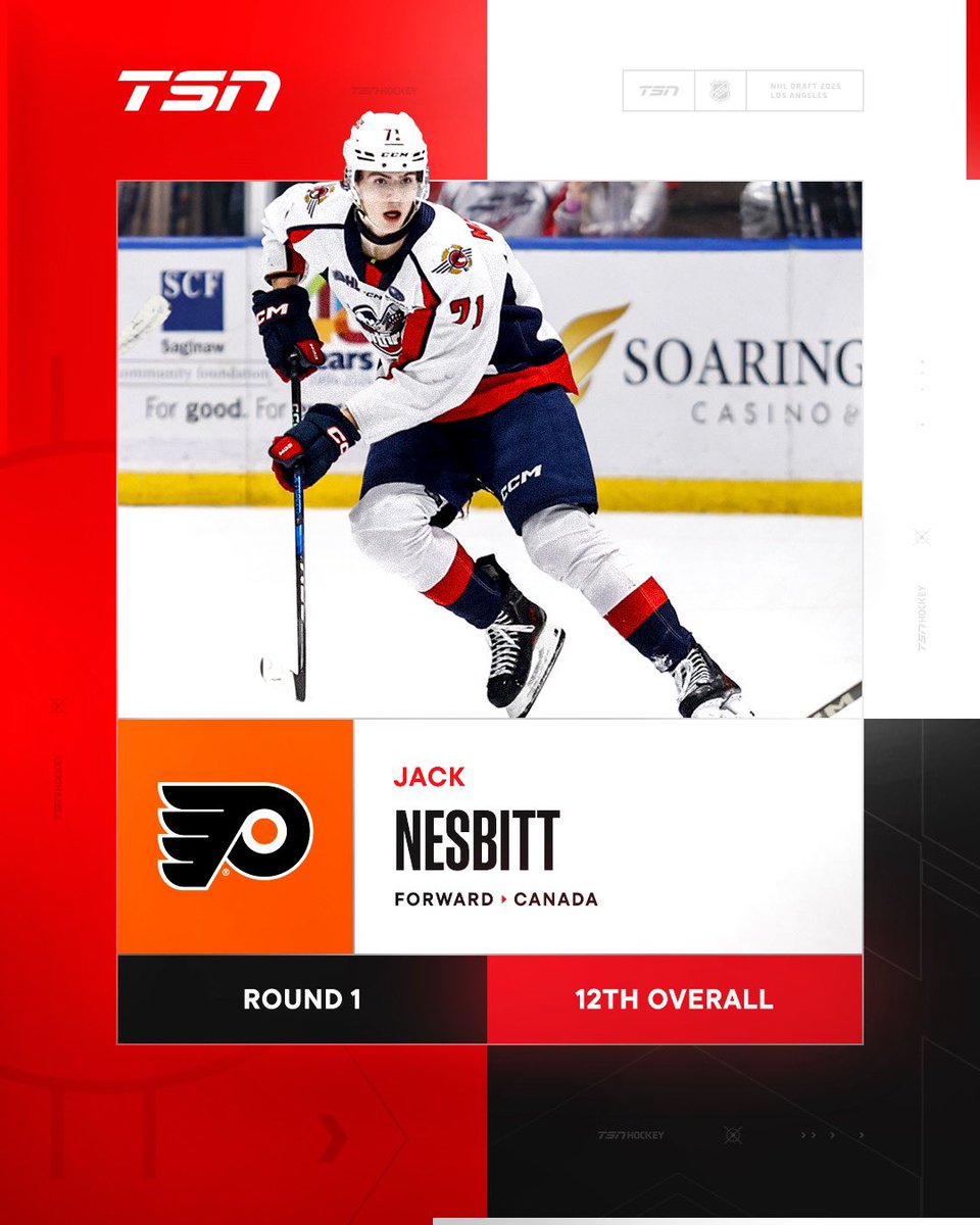 The Philadelphia Flyers traded for the 12th overall pick in the 2025 NHL Draft from the Pittsburgh Penguins. 

With the pick, the Flyers select Jack Nesbitt!