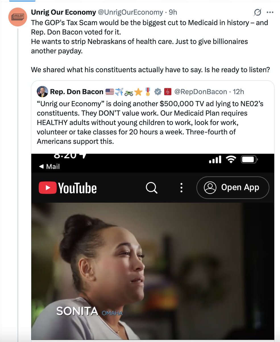 UnrigOurEconomy's tweet image. Life comes at you fast.
9 hours after tweeting about Unrig Our Economy's new ad, @RepDonBacon decides this whole Congress thing just isn't for him.